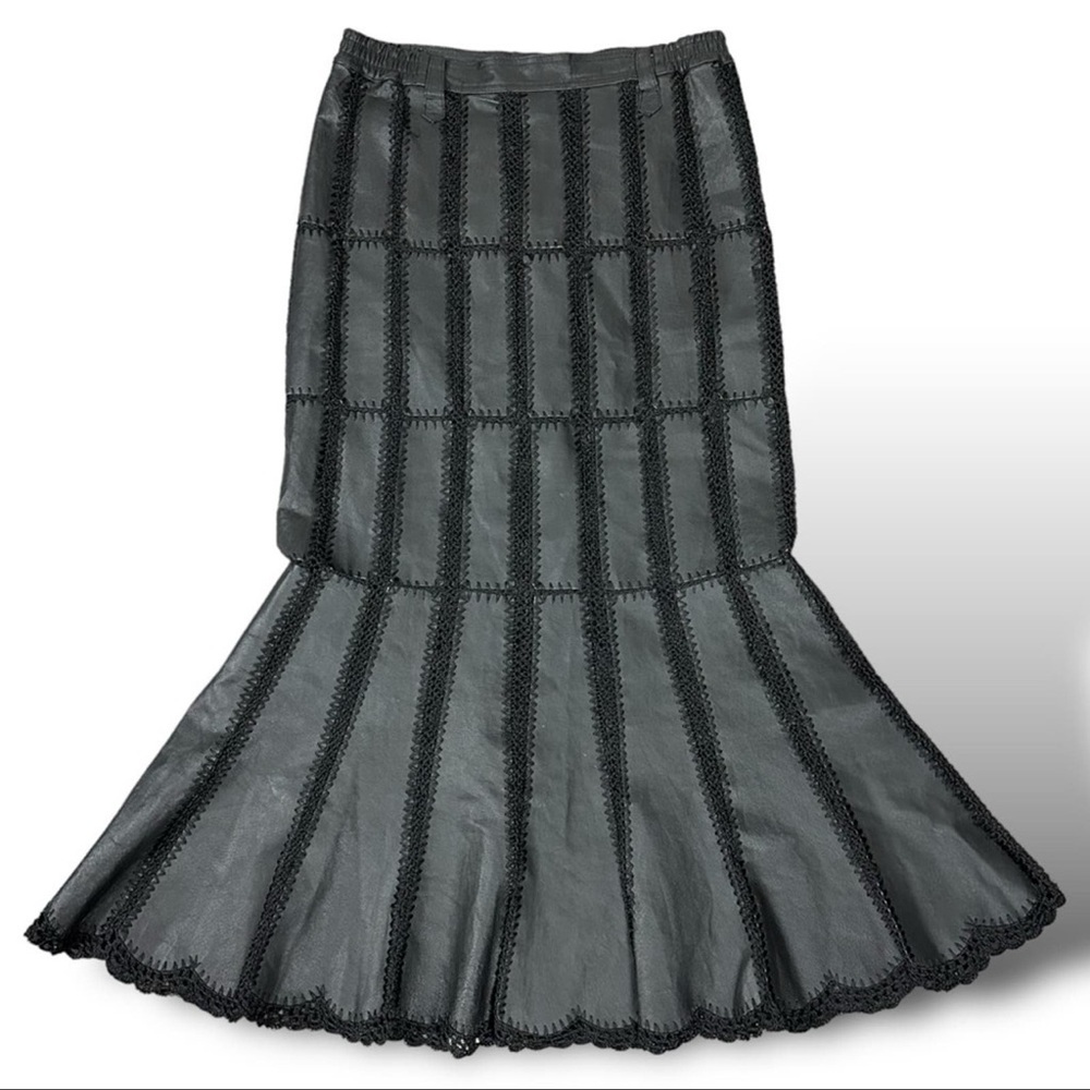 Vintage Leather & Crochet Maxi Skirt Size 12 Black 90s Hippie Festival Witchy